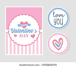 valentines day card with cute birds and stickers. vector illustration