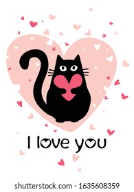 Valentine's day card with cute black cat