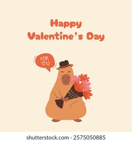 Valentine's Day card With cute capybara gentleman with bouquet of flowers. Flat design for greetings, cards, flyers, posts. Vector