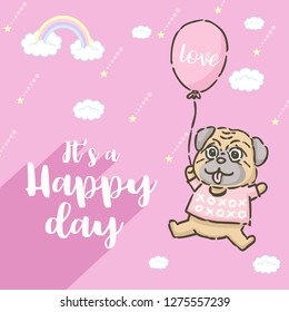 Valentine's Day card, cute cartoon Pug flying with balloon, vector