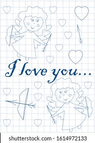 Valentine's day card with a cute cartoon cupid on a notebook paper.