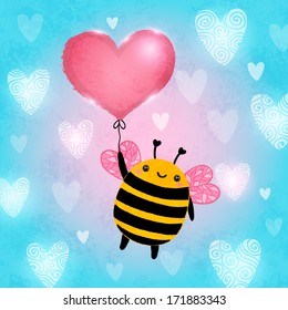 Valentines day card. Cute cartoon bee with heart balloon