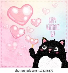 Valentines day card. Cute cartoon fat black cat with soap bubbles