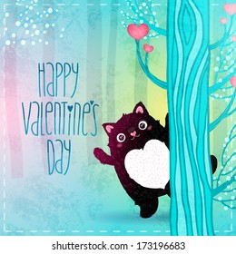 Valentines day card. Cute cartoon fat black cat in the fairy forest