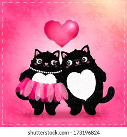 Valentines day card. Cute cartoon cat couple