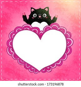 Valentines day card. Cute cartoon doodle heart with black cat