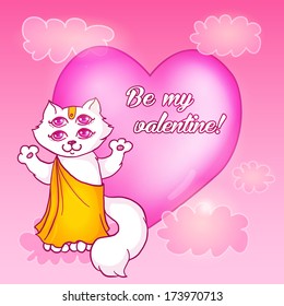 Valentines day card. Cute cartoon cat with big pink heart.