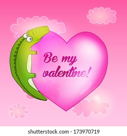 Valentines day card. Cute cartoon crocodile with big pink heart.