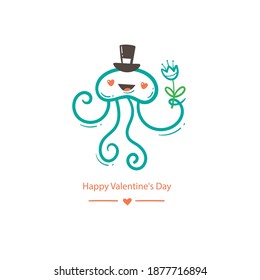 Valentine's day card with cute cartoon jellyfish in hat. Funny animal print. Doodle holiday poster.