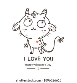 Valentine's day card with cute cartoon imp. Greeting print with doodle funny animal. Line art poster for children. Vector holiday illustration.