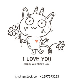 Valentine's day card with cute cartoon imp. Greeting print with doodle funny animal. Line art poster for children. Vector holiday illustration.