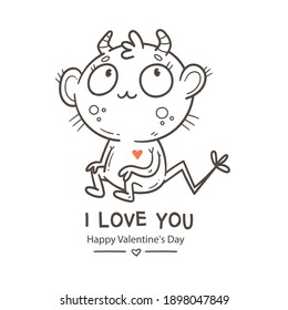 Valentine's day card with cute cartoon imp. Greeting print with doodle funny animal. Line art poster for children. Vector holiday illustration.