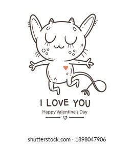 Valentine's day card with cute cartoon imp. Greeting print with doodle funny animal. Line art poster for children. Vector holiday illustration.