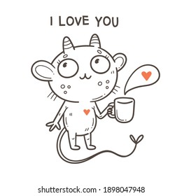 Valentine's day card with cute cartoon imp. Greeting print with doodle funny animal. Line art poster for children. Vector holiday illustration.
