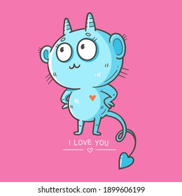 Valentine's day card with cute cartoon imp. Greeting print with doodle funny animal. Line art poster for children. Vector holiday illustration.