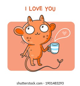 Valentine's day card with cute cartoon imp. Greeting print with doodle funny animal. Line art poster for children. Vector holiday illustration.