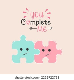 valentine's day card, cute cartoon puzzle pieces, vector illustration