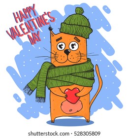 Valentines day card. Cute cartoon orange cat with heart. Vector illustration.