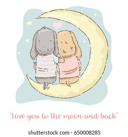 Valentine's Day card, cute cartoon Dachshund  couple sitting on the moon, Vector