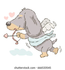 Valentine's Day card, cute cartoon Dachshund cupid flying with bow and arrow, vector