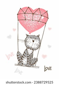 A Valentine's Day card. Cute cat is flying in a balloon. Vector.