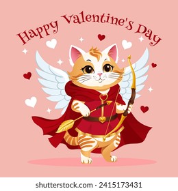 Valentine's Day card with cute cat Cupid. Gaming anime character. A cat in a red cloak with a bow and an arrow. Vector illustration.