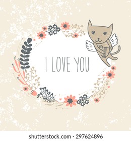 Valentine's Day card with cute cat cupid and floral background. Vector illustration.