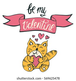 Valentine's day card with cute cat and heart. Vector sketch illustration, romantic background. Design for prints and T-shirts.