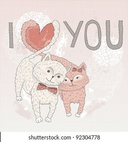 Valentine's day card. Cute cats in love. Cats with heart shape tails. Postcard, greeting card or invitation.