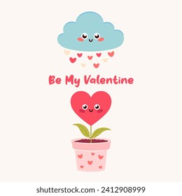 Valentine's day card with cute cloud, rain of hearts and heart in a flower pot. Valentine's Day gift concept. Love day postcards