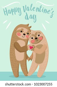 Valentines Day card with cute couple of cartoon sloths who are hugging