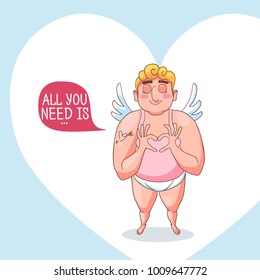 Valentines day card with cute cupid character. Part of big set of cartoon cupids for Valentines day design, banners, site, card, calendar, stickers, print, greeting card, flyers. Feeling Love emotion.