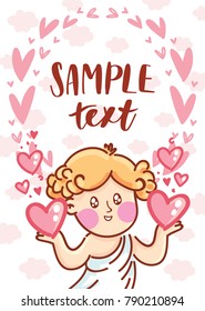 Valentine's Day card with cute Cupid angel character and place for your text on pink romantic back with hearts. Hand drawn love illustration art in cartoon, doodle style for print design