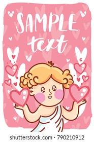 Valentine's Day card with cute Cupid angel character and place for your text on pink romantic back with hearts. Hand drawn love illustration art in cartoon, doodle style for print design