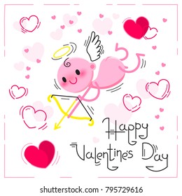 Valentines Day card with cute cupid and hearts on a white background. Vector illustration