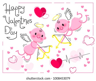 Valentines Day card with cute cupids and hearts on a white background. Vector illustration