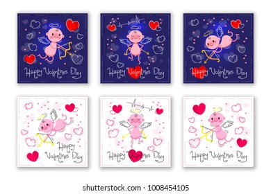 Valentines Day card with cute cupids and hearts. Vector illustration.