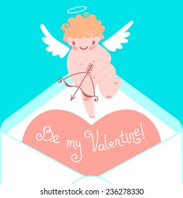 Valentine's Day card with cute Cupids and hearts. Vector illustration.