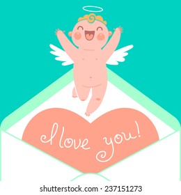 Valentine's Day card with cute Cupids and hearts. Vector illustration.