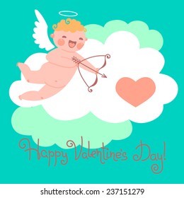 Valentine's Day card with cute Cupids and hearts. Vector illustration.