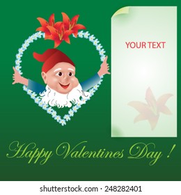 Valentines Day card with cute dwarf on green background - vector illustration.