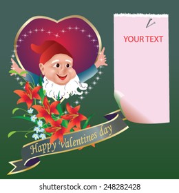Valentines Day card with cute dwarf and red heart - vector illustration.