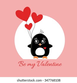 Valentines day card with cute flat penguin and hearts. Quote - Be my Valentine.