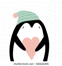 Valentines day card with cute flat penguin with a hat holding a heart.