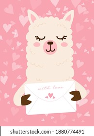 Valentines day card with cute funny llama holds love letter with hearts. Hand drawn vector illustration. Scandinavian style flat design. Concept for children holiday print