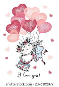 A Valentine's day card.  A cute girl is flying balloons with a gift.  Vector.