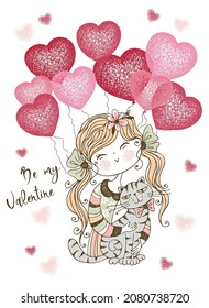 A Valentine's Day Card.  Cute Girl With Balloons And A Cute Cat. A Declaration Of Love. Vector.