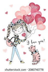 A Valentine's Day card.  Cute girl with balloons and a cute cat. A declaration of love. Vector.