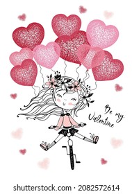 A Valentine's Day card. Cute girl with balloons rides a bike. Be my Valentine. Vector.