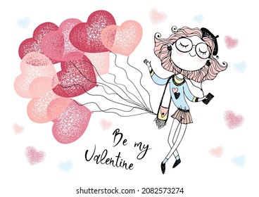 A Valentine's Day card.  Cute girl with balloon hearts.  I love you. Vector.